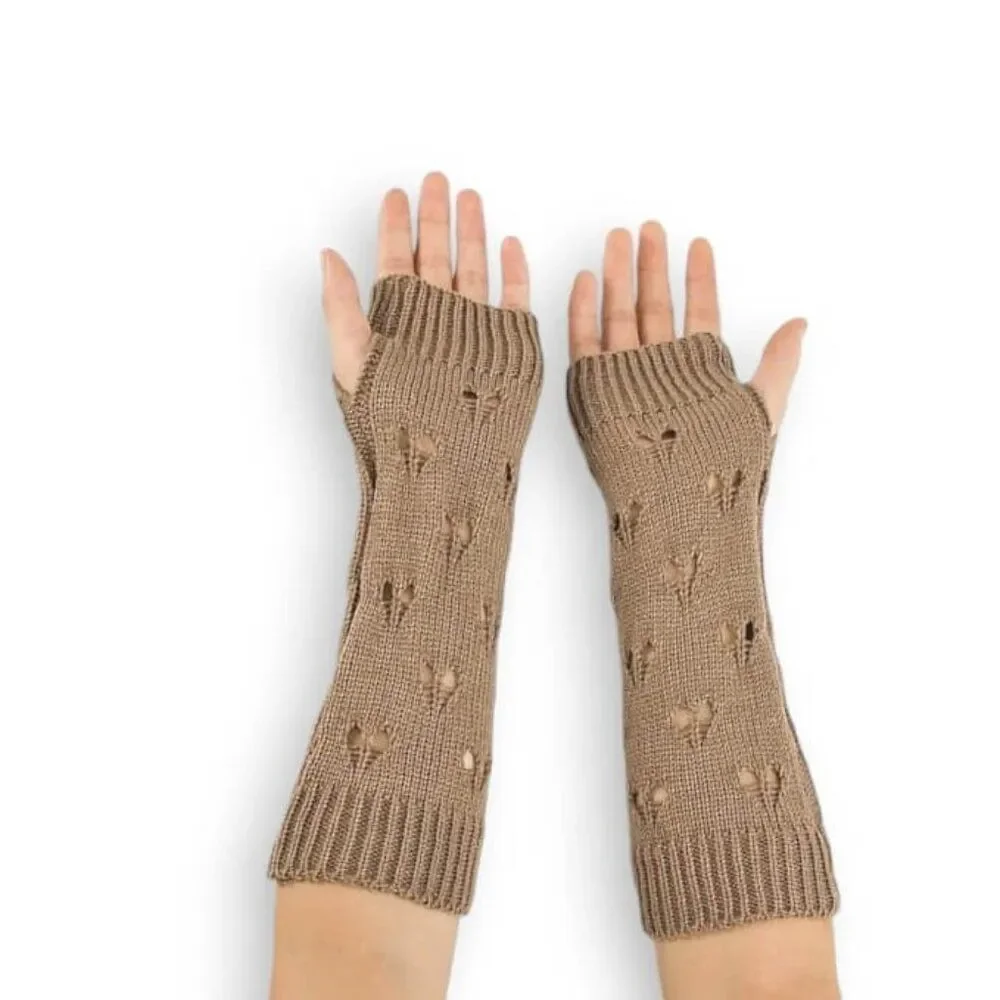 Brown Cut Out Heart Long Knit Fingerless Gloves Mittens NWT
